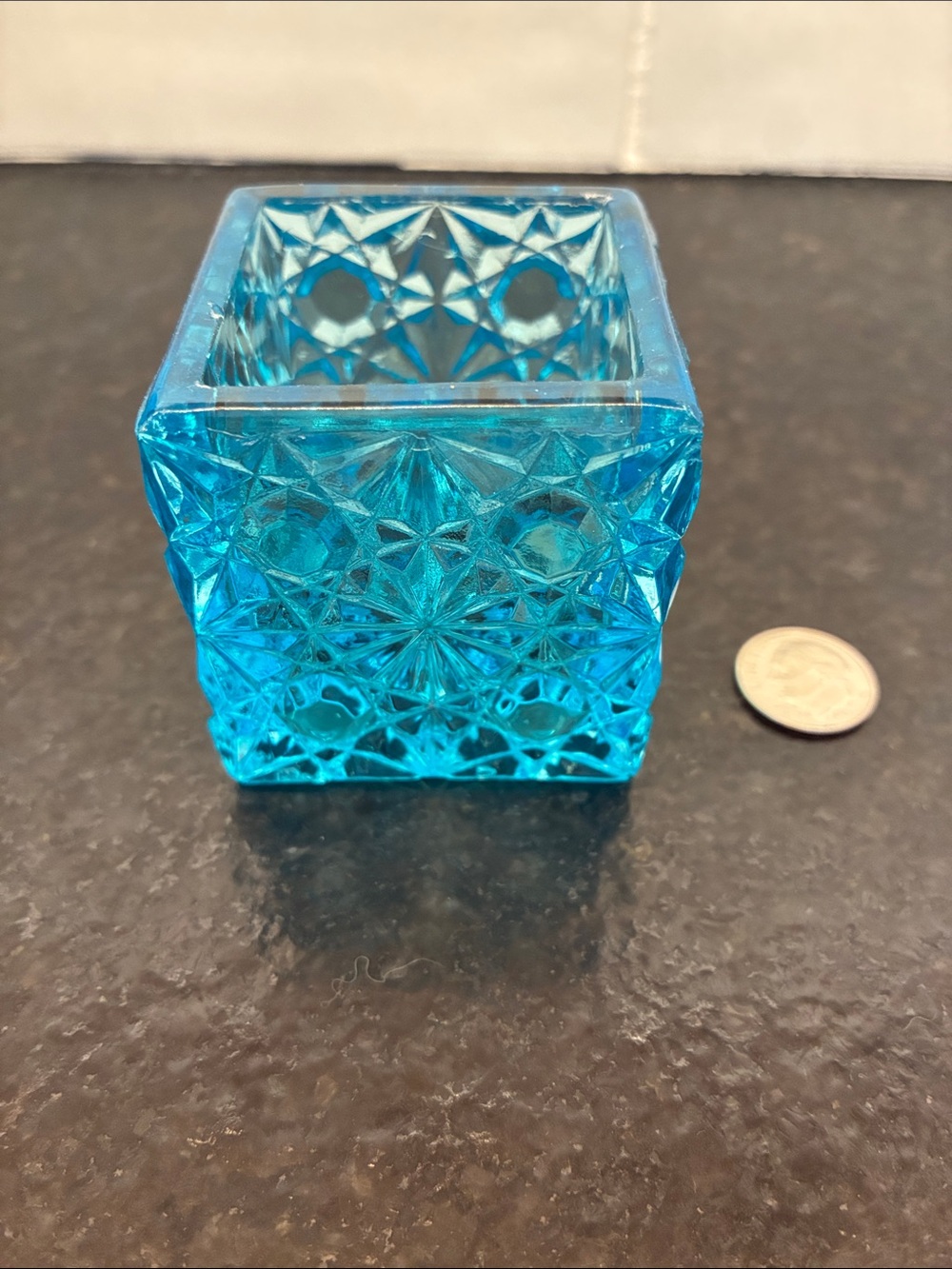 Blue Pressed Glass Square toothpick or salt Holder